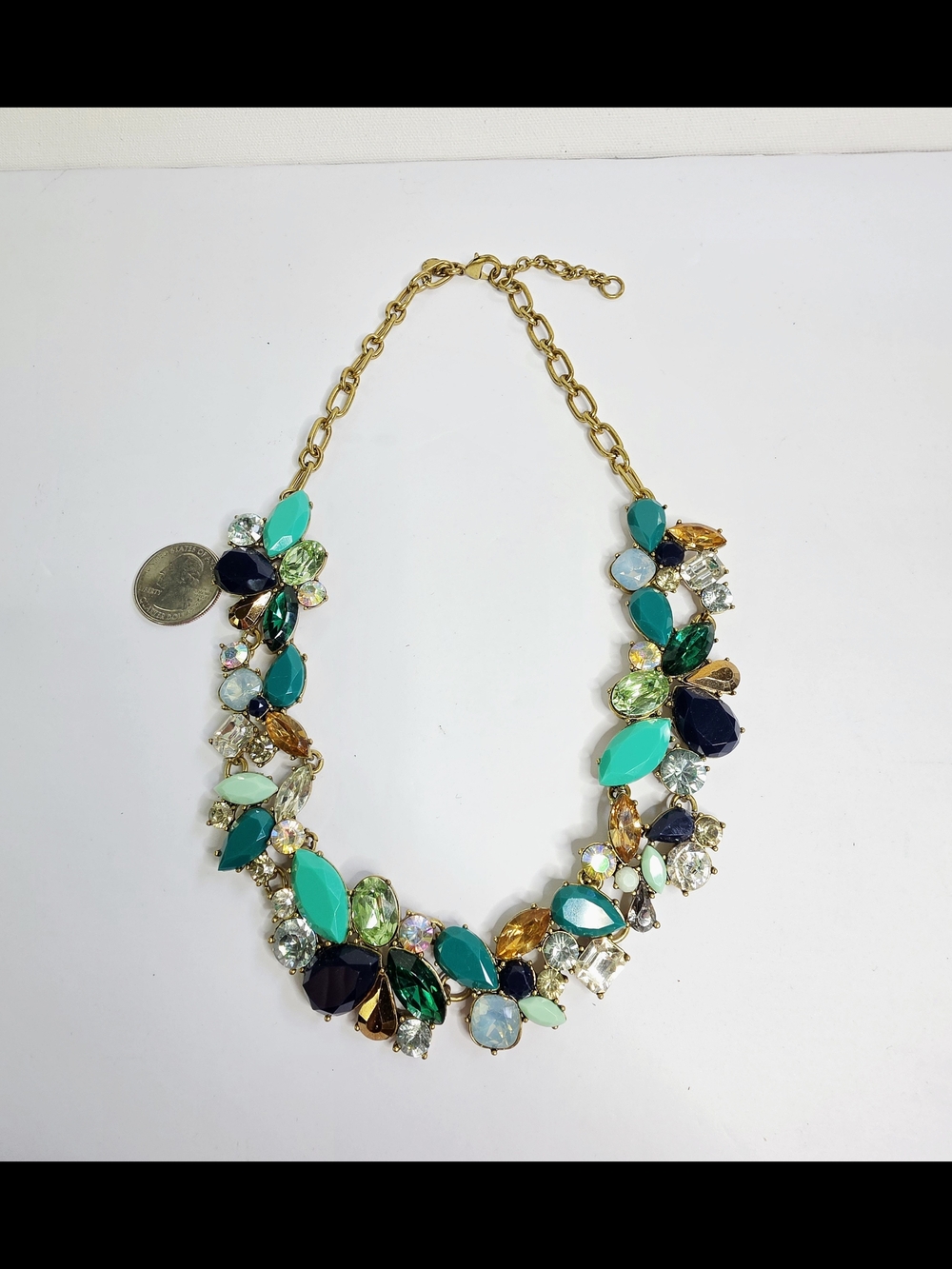 J. Crew Statement Necklace with Teal Emerald Light Blue Clear Rhinestones Brass - Picture 6 of 6